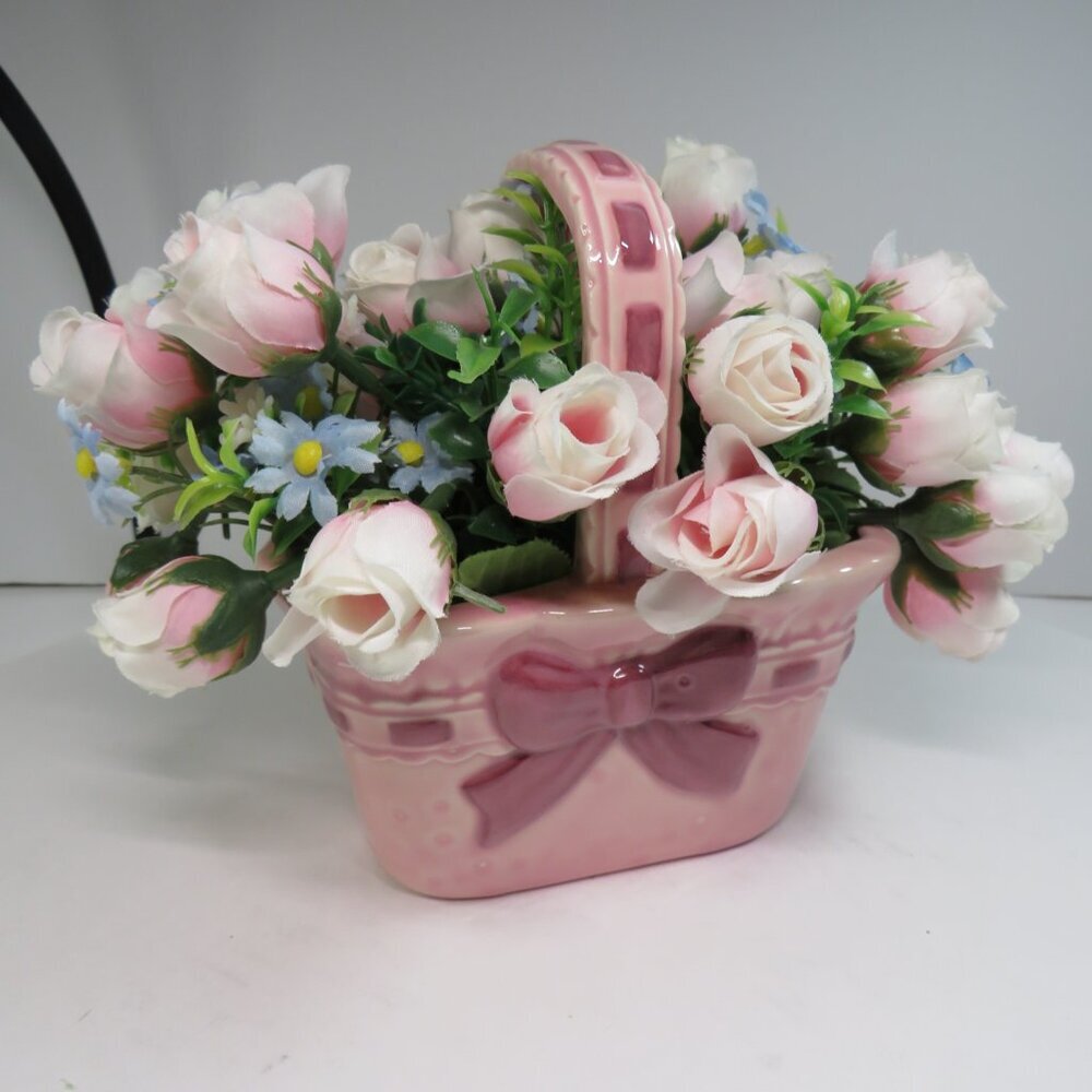 Pink Ceramic Basket w Pink Flower Arrangement Ceramic Bow, Woven ribbon engraved